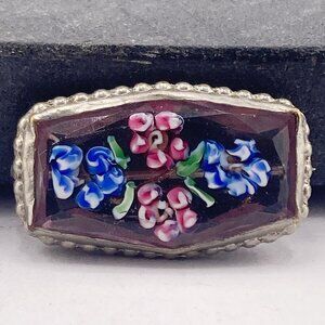 ANTIQUE Small reverse-painted translucent pink glass silver tone metal brooch